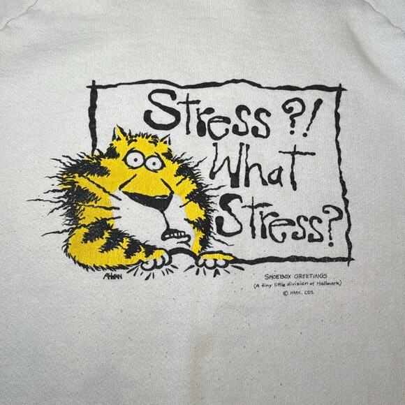 Fruit of the Loom women’s Large stressed cat White Graphic crewneck Sweater - Picture 2 of 5